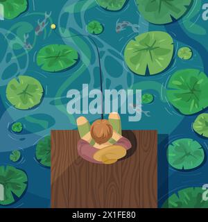 Fisherman on old wooden pier fishing in pond, top view. Man in hat sitting with fishing rod on shore of lake or river with water plants to catch carp fish or goldfish cartoon vector illustration Stock Vector