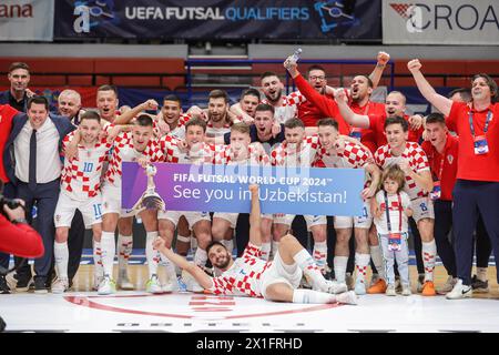 Zagreb, Croatia. 16th Apr, 2024. Members of team Croatia celebrate after the Futsal World Cup elite Round play-off 2nd leg match between Croatia and Poland in Zagreb, Croatia, on April 16, 2024. Credit: Luka Stanzl/PIXSELL via Xinhua/Alamy Live News Stock Photo