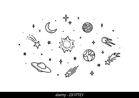 Cute line doodle space background. Childish illustration. Hand drawn planets, sun, moon, stars, satellite. Saturn rings. Sketch twinkle, starburst, sp Stock Vector