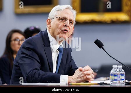 Washington, United States. 16th Apr, 2024. United States Attorney General Merrick Garland testifies before the House Committee on Appropriations on Tuesday, April 16, 2024 in Washington, DC, USA. Photo by Aaron Schwartz/CNP/ABACAPRESS.COM Credit: Abaca Press/Alamy Live News Stock Photo