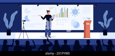 Public speech of woman on scientific conference, training event. Female speaker standing on stage with podium for science lecture and presentation in front of audience cartoon vector illustration Stock Vector