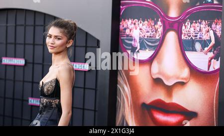 Westwood, United States. 16th Apr, 2024. WESTWOOD, LOS ANGELES, CALIFORNIA, USA - APRIL 16: American actress and singer Zendaya (Zendaya Maree Stoermer Coleman) wearing a custom Vera Wang dress and Bulgari jewelry arrives at the Los Angeles Premiere Of Amazon MGM Studios' 'Challengers' held at Westwood Village Theater on April 16, 2024 in Westwood, Los Angeles, California, United States. (Photo by Xavier Collin/Image Press Agency) Credit: Image Press Agency/Alamy Live News Stock Photo