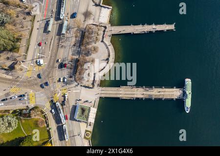 Zurich, Switzerland: Overhead view of the Bürkliplatz square with cruise boat jetty and tramway stop by lake Zurich in Switzerland largest city Stock Photo