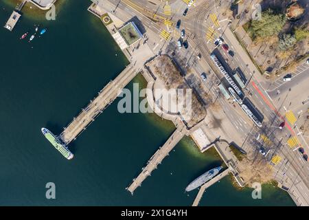 Zurich, Switzerland: Overhead view of the Bürkliplatz square with cruise boat jetty and tramway stop by lake Zurich in Switzerland largest city Stock Photo