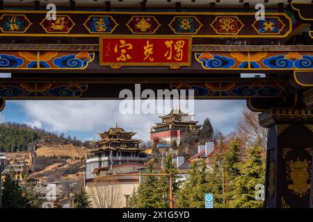 Zhongdian, China - February 15 2019: City view of Zhongdian on the Tibetan plateau in the Yunnan province of China with Buddhist monastery Stock Photo