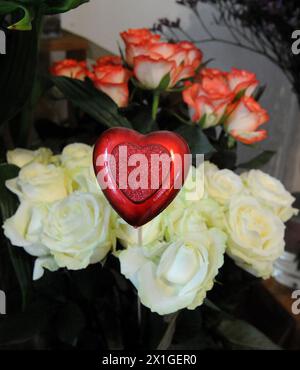 Illustration on 'Valentine's Day': Flowers decorated with a hart at a florist in Tulln, Lower Austria, captured on 8 February 2012 on the occasion of the upcoming 'Valentine's Day'. - 20120208 PD0875 - Rechteinfo: Rights Managed (RM) Stock Photo