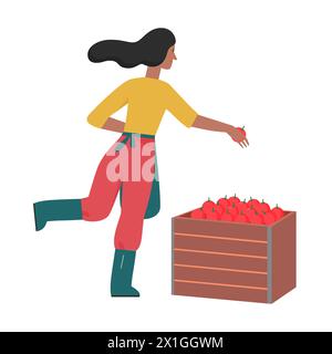 Harvesting gardener girl. Planting flowers, farming hobby, seasonal harvest flat vector illustration Stock Vector