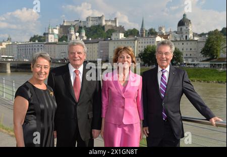 Austrian President Heinz Fischer (extreme right) and his wife Margit Fischer (extreme left) welcome German President Joachim Gauck (second left) and his partner Daniele Schadt on their arrival to Salzburg for a visit 19 July 2013. - 20130719 PD2594 - Rechteinfo: Rights Managed (RM) Stock Photo