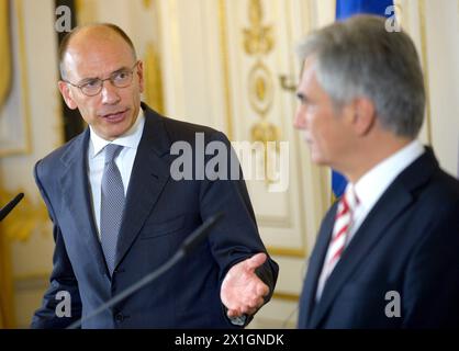 Italian Prime Minister Enrico Letta and Austrian Chancellor Werner Faymann attend a press conference after a meeting in Vienna, Austria, 21 August 2013. The heads of government discussed European matters, budget and migration politics. - 20130821 PD0423 - Rechteinfo: Rights Managed (RM) Stock Photo