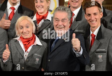 Ski jumper Daniela Iraschko-Stolz, federal president Heinz Fischer and ski jumper Gregor Schlierenzauer pose for photographs during the swearing-in ceremony of the Austrian team for the Sochi Olympic Winter Games at the Hofburg Palace in Vienna, Austria, 29 January 2014. - 20140129 PD1702 - Rechteinfo: Rights Managed (RM) Stock Photo