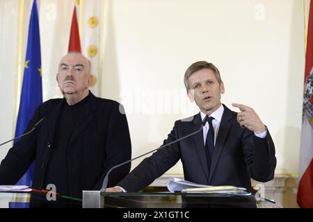 Austrian culture Minister Josef Ostermayer and Georg Springer, CEO of the Federal Theater Holding and head of the board of directors of Burgtheater, speak during a press conference in Vienna, Austria, 11 March 2014. Matthias Hartmann, the director of Vienna's Burgtheater has been discharged due to financial irregularities in the management of the theater. - 20140311 PD1441 - Rechteinfo: Rights Managed (RM) Stock Photo