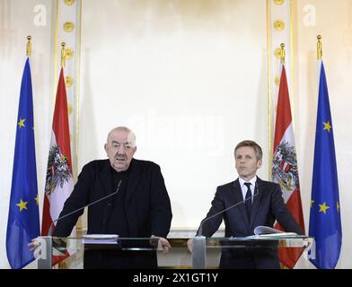 Austrian culture Minister Josef Ostermayer and Georg Springer, CEO of the Federal Theater Holding and head of the board of directors of Burgtheater, speak during a press conference in Vienna, Austria, 11 March 2014. Matthias Hartmann, the director of Vienna's Burgtheater has been discharged due to financial irregularities in the management of the theater. - 20140311 PD1353 - Rechteinfo: Rights Managed (RM) Stock Photo