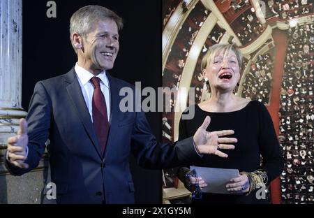 New director of the Burgtheater Vienna, Karin Bergmann and Austrian Minister of Culture Josef Ostermayer attend a press conference in Vienna, Austria, 14 October 2014. Interim director Karin Bergmann will remain on the fore of the Vienna Burgtheater at least until 30 August 2016. - 20141014 PD0476 - Rechteinfo: Rights Managed (RM) Stock Photo