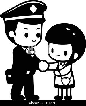 Cute boy and girl in police uniform shaking hands. Vector illustration. Stock Vector