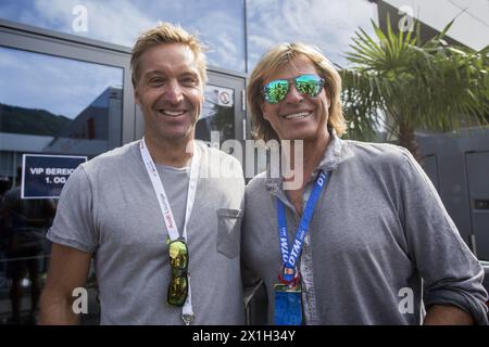 Former ski racers Hans Knauss and Hansi Hinterseer at the Audi Sport TT Cup at the Red Bull Ring in Spielberg, Austria, on 01 August 2015. PHOTO: APA/ERWIN SCHERIAU - 20150801 PD1293 - Rechteinfo: Rights Managed (RM) Stock Photo