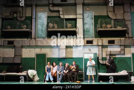 Vienna - Rehearsal of 'Der Revisor' (The Government Inspector, also known as The Inspector General) on 2nd September 2015 at Burgtheater in Vienna. Premiere will held on 4th September 2015. PICTURE: Fabian Krueger as 'Iwan Alexandrowitsch Chlestakow', Oliver Stokowski as 'Ossip', Michael Maertens as 'Anton Antonowitsch Skwosnik-Dmuchanowskij', Hermann Scheidleder as 'Pjotr Iwanowitsch Bobtschinkij', Dirk Nocker as 'Pjotr Iwanowitsch Dobtschinskij' and Brigitta Furgler as 'cook' - 20150902 PD8245 - Rechteinfo: Rights Managed (RM) Stock Photo