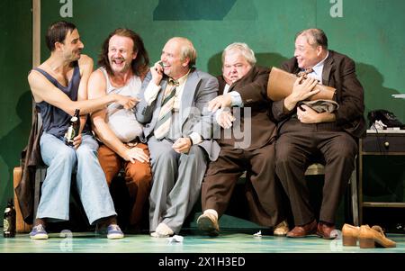 Vienna - Rehearsal of 'Der Revisor' (The Government Inspector, also known as The Inspector General) on 2nd September 2015 at Burgtheater in Vienna. Premiere will held on 4th September 2015. PICTURE:  Fabian Krueger as 'Iwan Alexandrowitsch Chlestakow', Oliver Stokowski as 'Ossip', Michael Maertens as 'Anton Antonowitsch Skwosnik-Dmuchanowskij', Hermann Scheidleder as 'Pjotr Iwanowitsch Bobtschinkij' and Dirk Nocker as 'Pjotr Iwanowitsch Dobtschinskij' - 20150902 PD8247 - Rechteinfo: Rights Managed (RM) Stock Photo