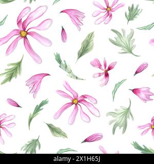 Magnolia flower head and Green leaves. Abstract pink flowers and greenery. Seamless pattern of spring blooming plants. Watercolor illustration Stock Photo