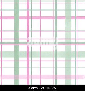 Gingham Ornate in pastel color. Seamless Checkered Pattern of tartan texture. Pink, green plaid. Brush stroke striped. Watercolor illustration Stock Photo