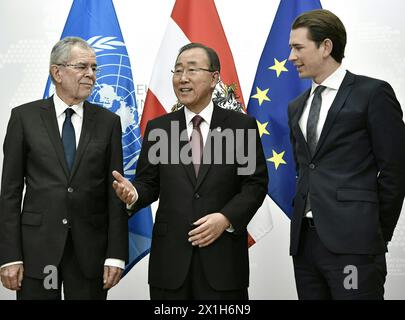 The Secretary - General of the United Nations Ban Ki - moon (c.) visiting Austrian Foreign Minister Sebastian Kurz (r.) and elected Federal President Alexander Van der Bellen (l.) in Vienna, Austria, on 7 December 2016. - 20161207 PD1592 - Rechteinfo: Rights Managed (RM) Stock Photo