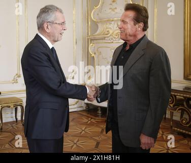 US actor and former governor of California Arnold Schwarzenegger (r) meets with Austrian President Alexander Van der Bellen on March 25, 2017 at the Hofburg in Vienna. - 20170325 PD1683 - Rechteinfo: Rights Managed (RM) Stock Photo