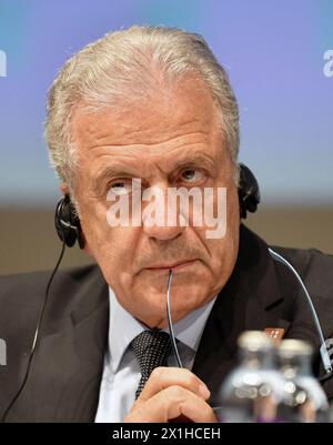 EU Migration Commissioner Dimitris Avramopoulos attends a press conference at the informal meeting of justice and interior ministers of the EU and the Eastern Partnership on July 12, 2018 in Innsbruck, Austria. Interior ministers from 28 European nations are holding talks as they face pressure to introduce new policies to stem migrant arrivals, in their first meeting since Austria took the EU helm with promises of a tough response to the issue. - 20180712 PD3400 - Rechteinfo: Rights Managed (RM) Stock Photo
