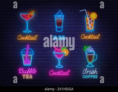 Cocktail Neon Sign Set on brick wall  background. Stock Vector