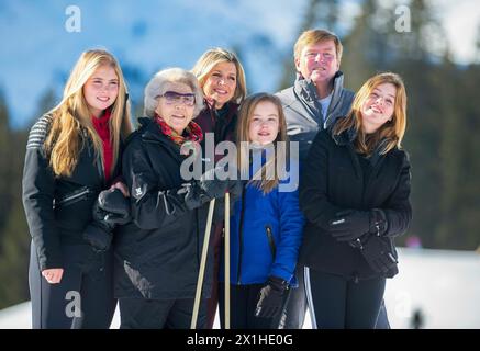 (LtoR) Princess Catharina-Amalia, Princess Beatrix, Queen Maxima, Princess Ariane, King Willem-Alexander and Princess Alexia of the Netherlands during the annual photo call in Lech am Arlberg, Austria, 25 February 2019. The Dutch royal family have spent winter vacations here since 1959. - 20190225 PD2805 - Rechteinfo: Rights Managed (RM) Stock Photo