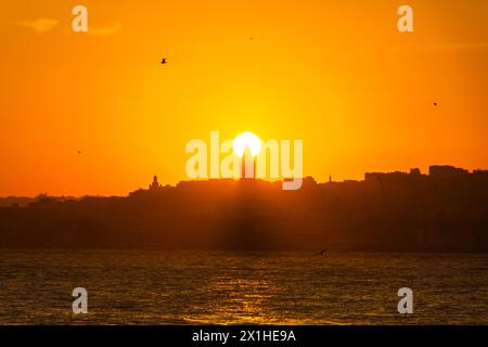 Sunset over the Galata Tower in Istanbul. Visit Istanbul background photo. Stock Photo