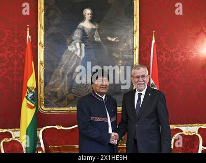 Bolivia's President Evo Morales (L) shakes hands with Austrian President Alexander Van der Bellen before a meeting on March 14, 2019 in Vienna, Austria. - 20190314 PD4276 - Rechteinfo: Rights Managed (RM) Stock Photo