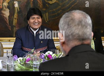 Bolivia's President Evo Morales (L) shakes hands with Austrian President Alexander Van der Bellen before a meeting on March 14, 2019 in Vienna, Austria. - 20190314 PD4280 - Rechteinfo: Rights Managed (RM) Stock Photo