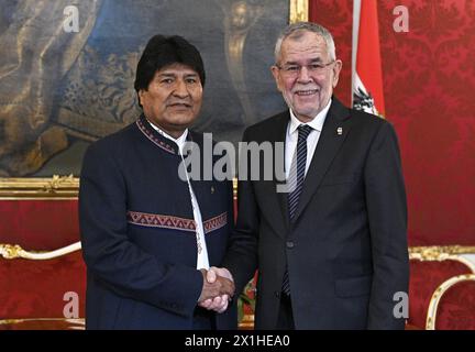 Bolivia's President Evo Morales (L) shakes hands with Austrian President Alexander Van der Bellen before a meeting on March 14, 2019 in Vienna, Austria. - 20190314 PD4277 - Rechteinfo: Rights Managed (RM) Stock Photo
