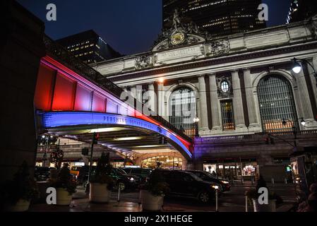 Street Level View from Pershing Square Plaza to the Grand Central Terminal at Night - Manhattan, New York City Stock Photo
