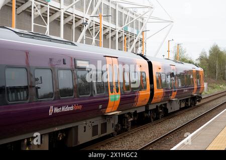 West Midlands Railway class 196 diesel train leaving Coventry Arena ...