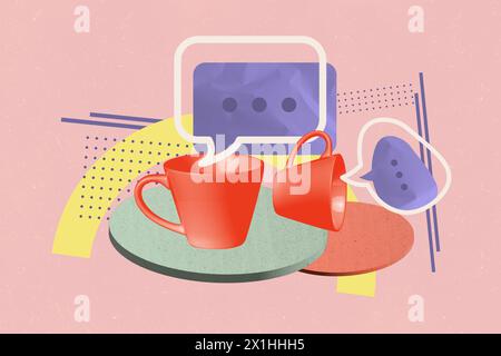 Collage picture 3d artwork of two beautiful porcelain cups for breakfast morning coffee isolated on drawing background Stock Photo