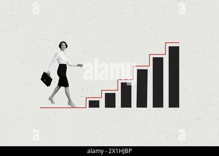 Trend artwork composite sketch photo collage of young strong business lady step on platform stats column career promotion success person Stock Photo