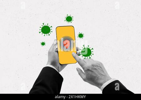 Composite trend artwork sketch image 3D photo collage of black white hand hold smartphone protection security data hacker virus attack Stock Photo