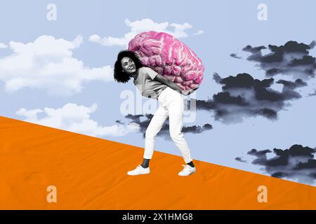 Composite trend artwork sketch image 3D photo collage of pensive young lady carry delivery on back huge brain think solve puzzle Stock Photo