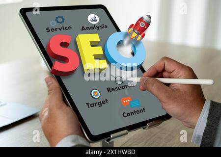 Businessman hands search on laptop engine optimization to SEO Search Engine Optimization Stock Photo