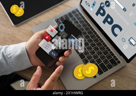 PPC - Pay Per Click concept Businessman working concept, social network, SEO Stock Photo