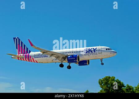 Greek airline's Sky Express Airbus A320-251N approaching a landing. Stock Photo