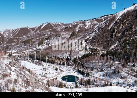 Medeu high-mountain sports complex for winter sports, Almaty, Kazakhstan.Technical pool with water Stock Photo