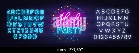 Holi Party Neon Sign on brick wall background. Stock Vector