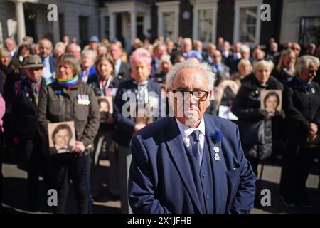 Retired police officer John Murray, who was on duty with Pc Yvonne Fletcher when she was shot, attends the 40th anniversary memorial service in St James's Square, London. Pc Fletcher was murdered on 17 April 1984 by a shot fired from the Libyan embassy in St James's Square, London, after she had been deployed to monitor a demonstration against the then Libyan leader Muammar Gaddafi. Picture date: Wednesday April 17, 2024. Stock Photo