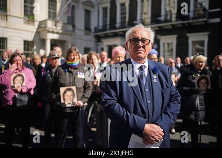 Retired police officer John Murray, who was on duty with Pc Yvonne Fletcher when she was shot, attends the 40th anniversary memorial service in St James's Square, London. Pc Fletcher was murdered on 17 April 1984 by a shot fired from the Libyan embassy in St James's Square, London, after she had been deployed to monitor a demonstration against the then Libyan leader Muammar Gaddafi. Picture date: Wednesday April 17, 2024. Stock Photo