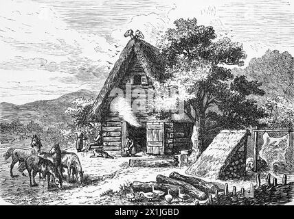 Medieval peasants and their farm house in the Middle Ages, Holy Roman Emprie, historical illustration 1880 Stock Photo