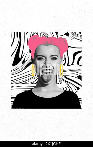 Vertical picture collage young joyful girl rock n roll fan punk painted hair pink color golden earrings funky joyful mood Stock Photo