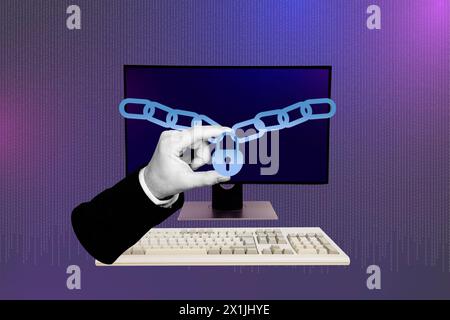 Sketch image composite trend artwork 3D photo collage huge man hand hold locked chain on computer device screen of need key keyboard Stock Photo