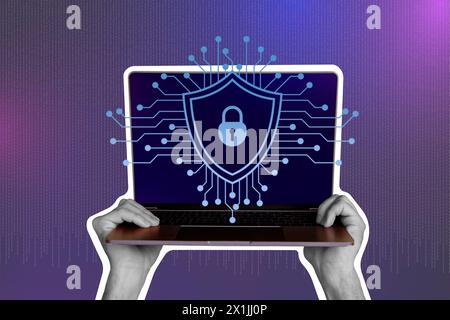 Trend 3D photo collage composite of black white silhouette hand hold huge laptop cyber data dark internet locked monitor false password Stock Photo