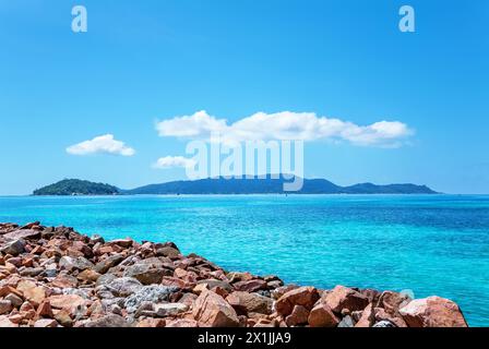 Island Ile Ronde on the left, Island Praslin in the background, seen from Island La Digue. Stock Photo